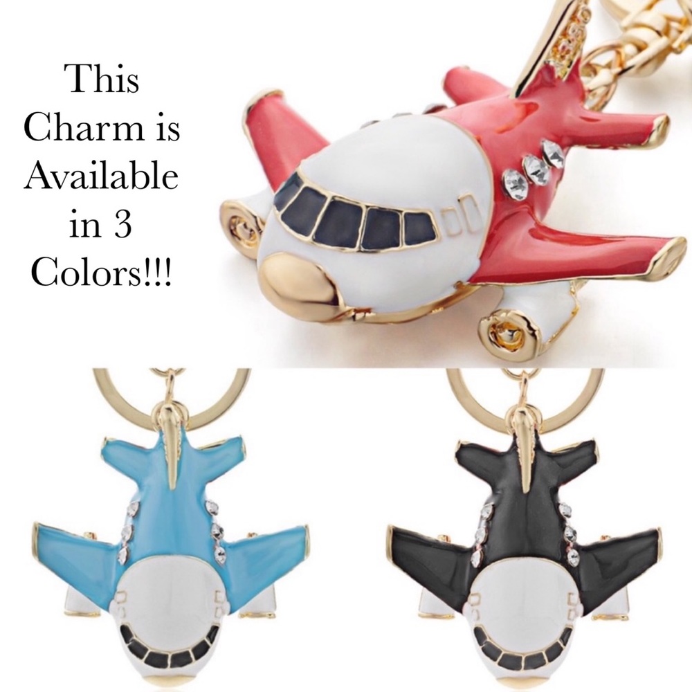 Whimsical Pink & Gold Crystal Airplane Keychain Charm - Picture 14 of 16